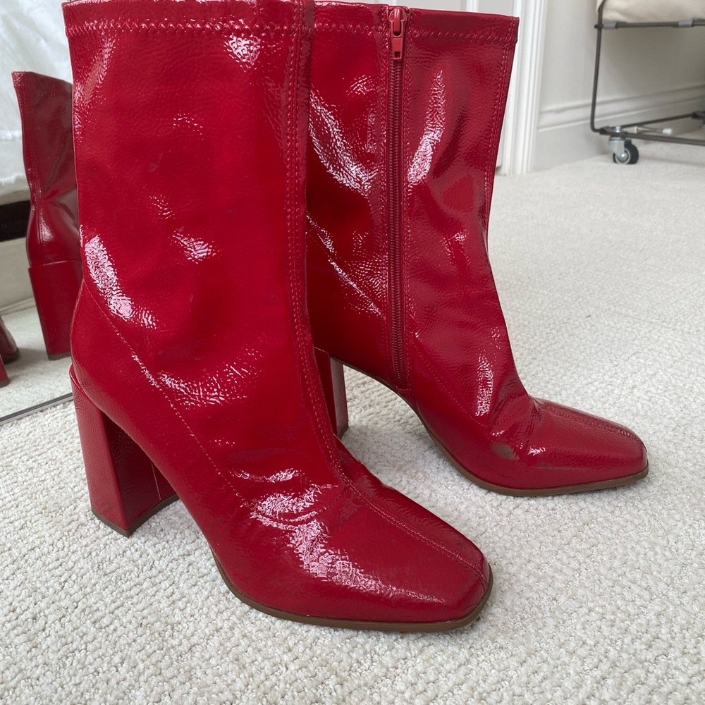 Red Patent Leather Heeled Booties